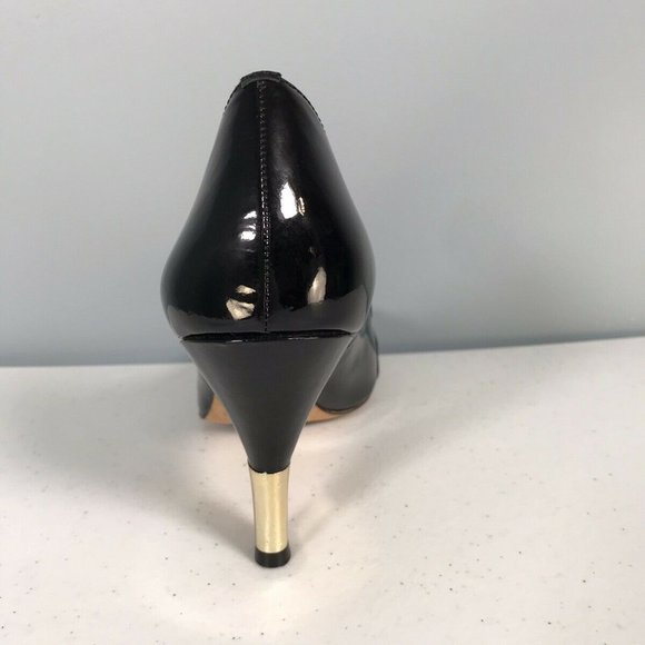 ISOLA Women's Peep Toe Black Patent Leather 3.5" Heels Size 10 Black Gold Trim - Picture 8 of 12